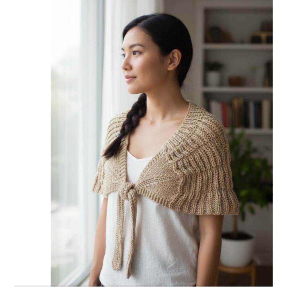 Granny Knit Tan Shoulder Cover Shrug with Tie Front - Picture 2 of 9